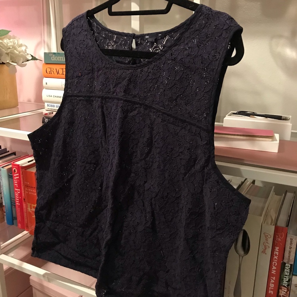 Navy Blue Sleeveless Lace Blouse